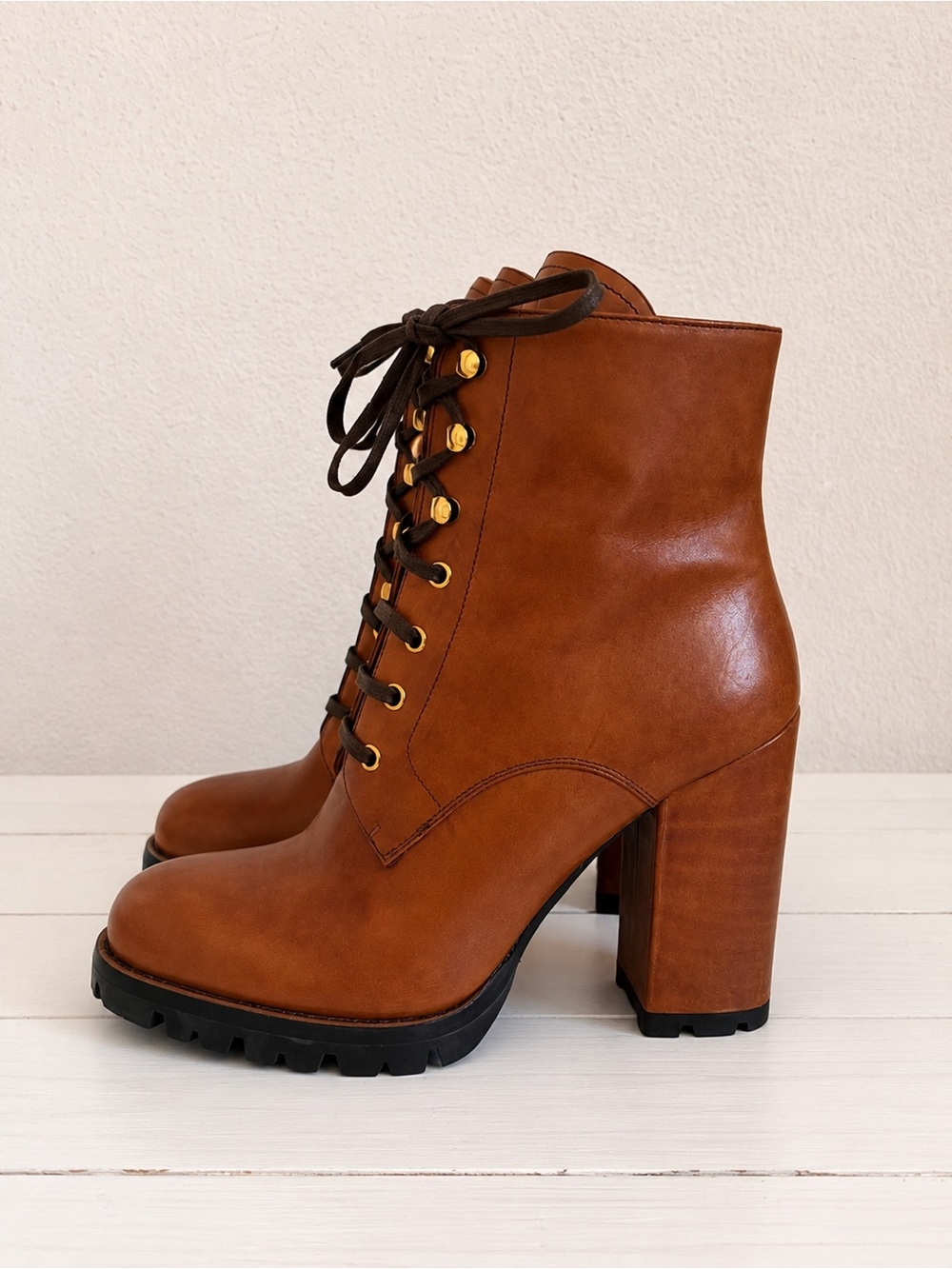 Prada Cognac Leather Lace-Up Block Heel Lug Sole Ankle Boots Size EU 37.5/US 7.5
